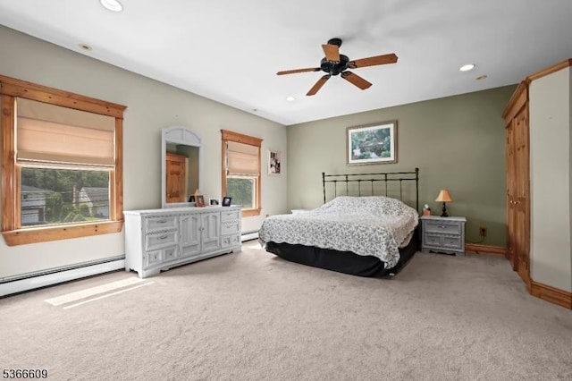 169 Knoll Rd, Parsippany-Troy Hills Twp, NJ 07005 - bedroom featuring light colored carpet, recessed lighting, a baseboard radiator, and ceiling fan
