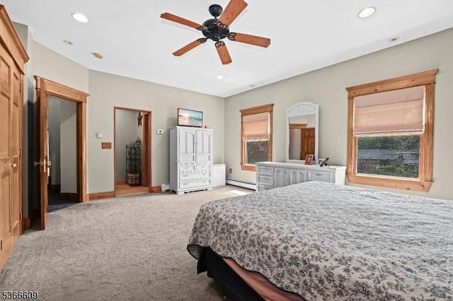 169 Knoll Rd, Parsippany-Troy Hills Twp, NJ 07005 - bedroom featuring baseboard heating, light carpet, recessed lighting, and a ceiling fan
