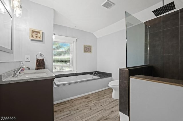 169 Knoll Rd, Parsippany-Troy Hills Twp, NJ 07005 - full bath featuring a garden tub, vanity, wood finished floors, a walk in shower, and lofted ceiling