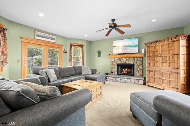 169 Knoll Rd, Parsippany-Troy Hills Twp, NJ 07005 - living room with a ceiling fan, carpet floors, a fireplace, and recessed lighting