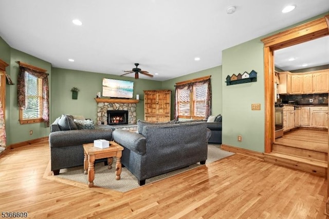 169 Knoll Rd, Parsippany-Troy Hills Twp, NJ 07005 - living area featuring a ceiling fan, healthy amount of natural light, light wood-type flooring, a fireplace, and recessed lighting