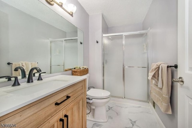 204 Robertson Way Unit 204, Lincoln Park Boro, NJ 07035 - bathroom featuring marble look tiles, a shower stall, vanity, and a textured ceiling
