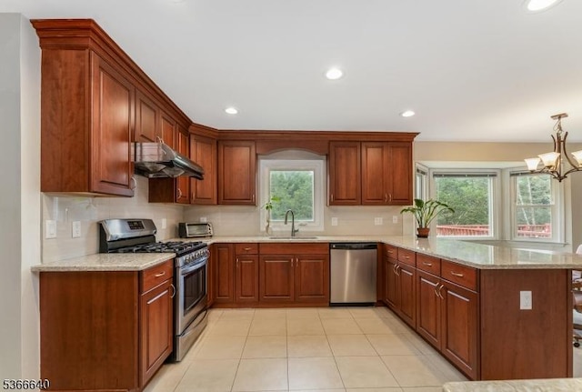 836 Dow Rd, Bridgewater Twp, NJ 08807 - kitchen with stainless steel appliances, under cabinet range hood, a peninsula, plenty of natural light, and recessed lighting