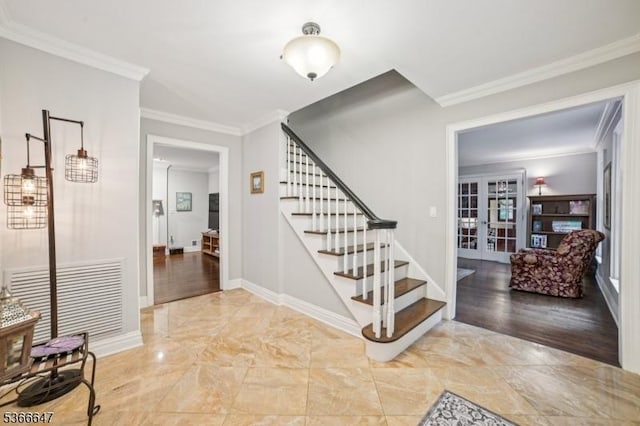 22 Saddle Hill Rd, Mendham Twp, NJ 07931 - entrance foyer featuring french doors, stairs, ornamental molding, and light marble finish floors