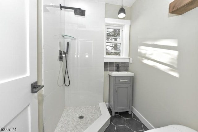 584 Lake Shore Dr, West Milford Twp, NJ 07421 - full bath with a tile shower, tile patterned floors, and vanity