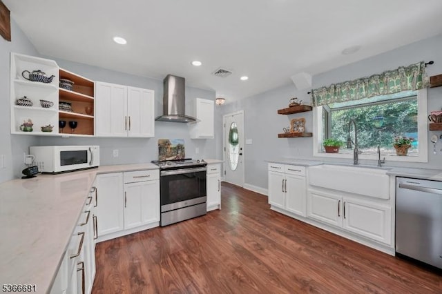 306 W Valley Brook Rd, Washington Twp, NJ 07830 - kitchen with wall chimney exhaust hood, stainless steel appliances, open shelves, white cabinets, and dark wood-style flooring