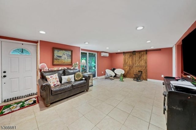 306 W Valley Brook Rd, Washington Twp, NJ 07830 - living room with a barn door, a wall mounted air conditioner, recessed lighting, and light tile patterned floors