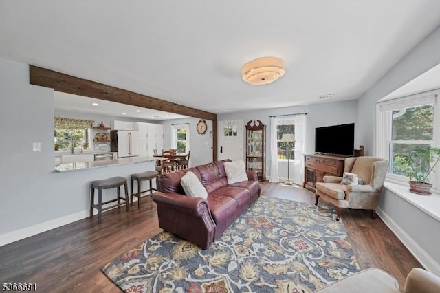 306 W Valley Brook Rd, Washington Twp, NJ 07830 - living room with healthy amount of natural light, dark wood-type flooring, and beamed ceiling