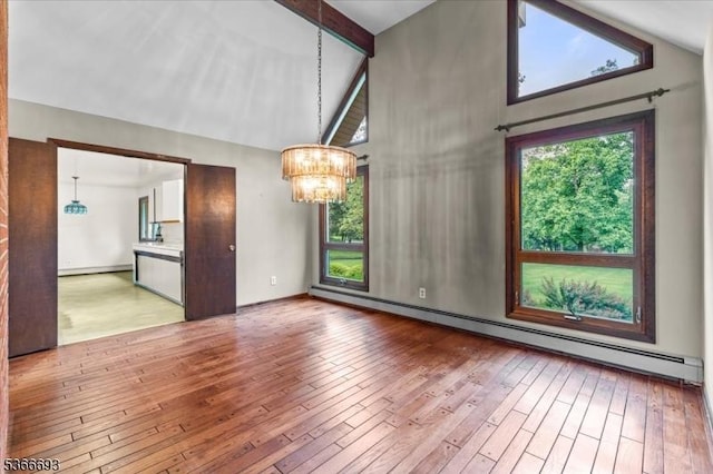 31 Casper Berger Rd, Readington Twp, NJ 08889 - spare room featuring a baseboard radiator, a chandelier, high vaulted ceiling, wood-type flooring, and beamed ceiling