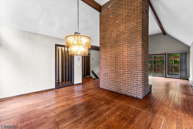 31 Casper Berger Rd, Readington Twp, NJ 08889 - unfurnished living room with hardwood / wood-style floors, beamed ceiling, a chandelier, and high vaulted ceiling
