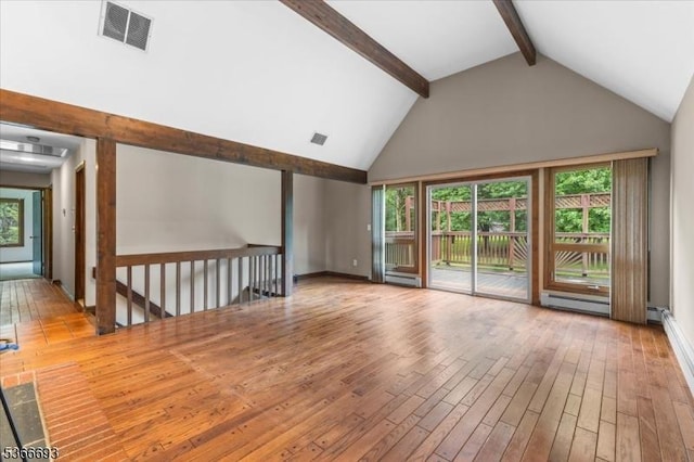 31 Casper Berger Rd, Readington Twp, NJ 08889 - unfurnished living room with beam ceiling, wood finished floors, high vaulted ceiling, plenty of natural light, and a baseboard heating unit