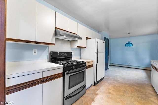 31 Casper Berger Rd, Readington Twp, NJ 08889 - kitchen featuring under cabinet range hood, stainless steel gas range oven, a baseboard heating unit, and light countertops