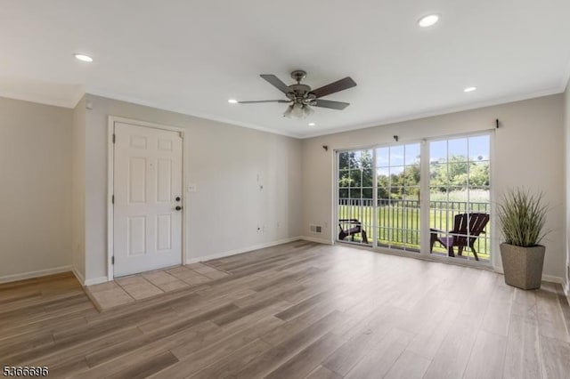 2909 Lindsley Rd, Bridgewater Twp, NJ 08807 - unfurnished room featuring a ceiling fan, wood finished floors, recessed lighting, and crown molding