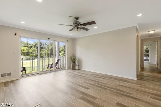 2909 Lindsley Rd, Bridgewater Twp, NJ 08807 - empty room featuring crown molding, ceiling fan, light wood finished floors, and recessed lighting