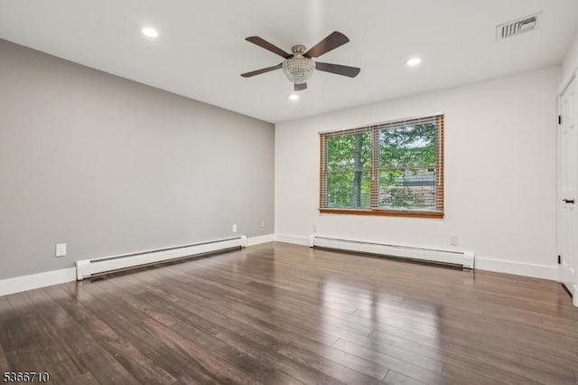 15 Woglum Pl, Berkeley Heights Twp, NJ 07922 - unfurnished room with a baseboard heating unit, a baseboard radiator, a ceiling fan, wood finished floors, and recessed lighting