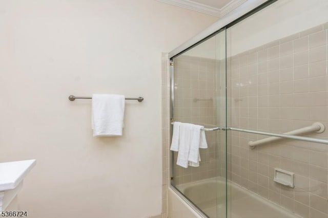 227 Potomac Dr, Bernards Twp, NJ 07920 - bathroom with crown molding and shower / bath combination with glass door