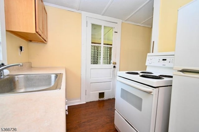 55 Taylor Rd, Jefferson Twp, NJ 07885 - kitchen featuring white appliances, light countertops, dark wood-style floors, and light brown cabinets