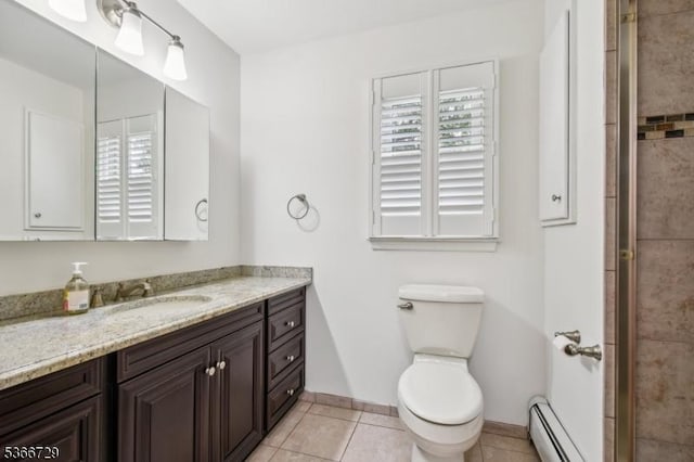 4 Dickens Ct, Morris Twp, NJ 07960 - bathroom with baseboard heating, vanity, tile patterned floors, and tiled shower