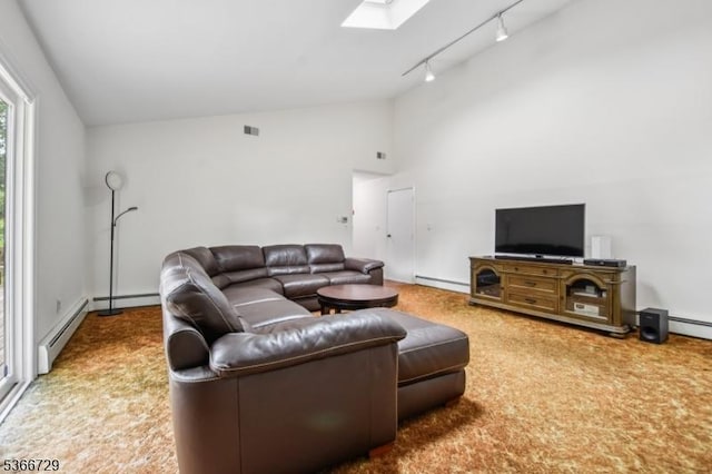4 Dickens Ct, Morris Twp, NJ 07960 - carpeted living room featuring a skylight, track lighting, baseboard heating, a baseboard heating unit, and high vaulted ceiling