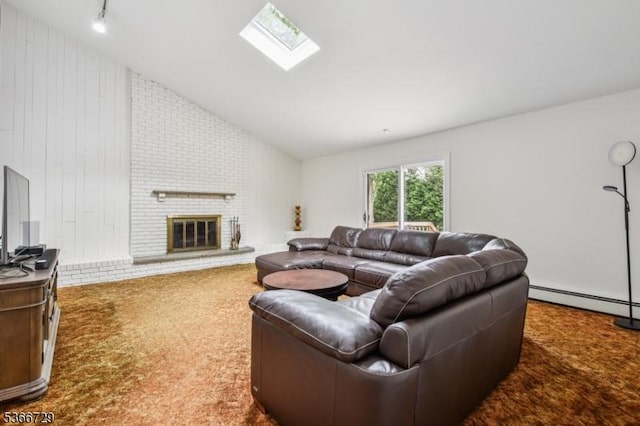 4 Dickens Ct, Morris Twp, NJ 07960 - living area with a baseboard heating unit, vaulted ceiling, a skylight, a brick fireplace, and carpet floors