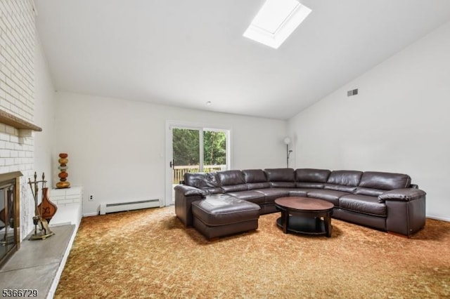 4 Dickens Ct, Morris Twp, NJ 07960 - carpeted living room featuring baseboard heating, vaulted ceiling, a skylight, and a brick fireplace
