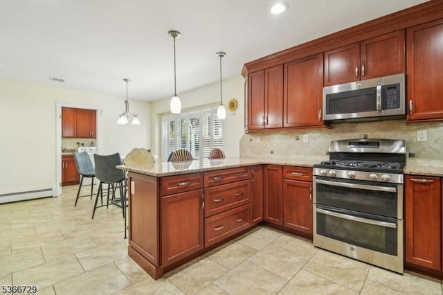 4 Dickens Ct, Morris Twp, NJ 07960 - kitchen featuring appliances with stainless steel finishes, tasteful backsplash, a peninsula, light stone countertops, and recessed lighting