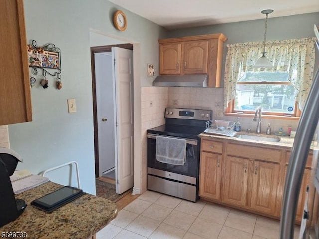 21 Fagan Pl, Woodbridge Twp, NJ 07067 - kitchen featuring stainless steel range with electric cooktop, ventilation hood, tasteful backsplash, light tile patterned floors, and hanging light fixtures