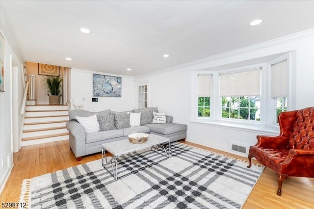 608 Duquesne Ter, Union Twp, NJ 07083 - living room featuring crown molding, wood finished floors, stairs, and recessed lighting