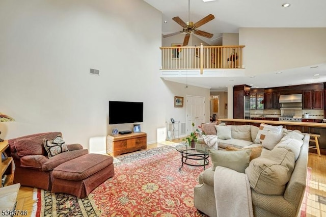 6 Magnolia Ct, Morris Twp, NJ 07960 - living room with a ceiling fan, light wood-style floors, high vaulted ceiling, and recessed lighting