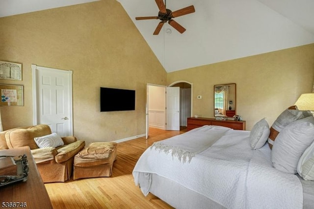 6 Magnolia Ct, Morris Twp, NJ 07960 - bedroom with high vaulted ceiling, light wood-style floors, and ceiling fan