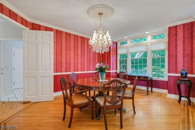 6 Magnolia Ct, Morris Twp, NJ 07960 - dining room featuring wood finished floors, wallpapered walls, a chandelier, and crown molding