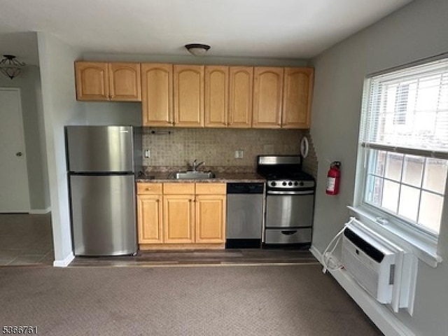 48-50 Elm St Unit B1, Morristown Town, NJ 07960 - kitchen with stainless steel appliances, dark carpet, decorative backsplash, light brown cabinetry, and a wall mounted AC
