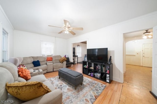 129 Ball St, Irvington Twp, NJ 07111 - living area with ceiling fan, ornamental molding, and light wood-type flooring
