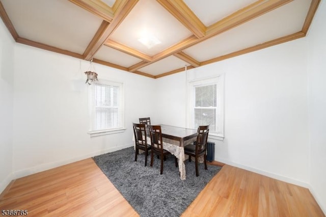 129 Ball St, Irvington Twp, NJ 07111 - dining space featuring coffered ceiling, wood finished floors, and beamed ceiling