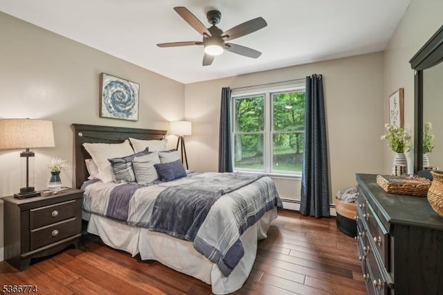 159 Kings Hwy, Washington Twp, NJ 07853 - bedroom featuring dark wood-style floors, a baseboard heating unit, and a ceiling fan