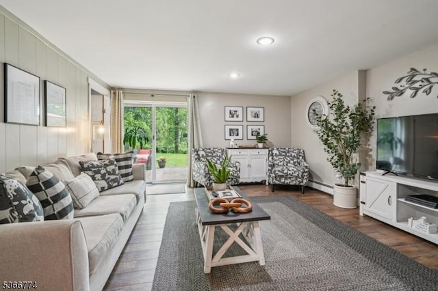 159 Kings Hwy, Washington Twp, NJ 07853 - living area with dark wood-type flooring, a baseboard radiator, and recessed lighting