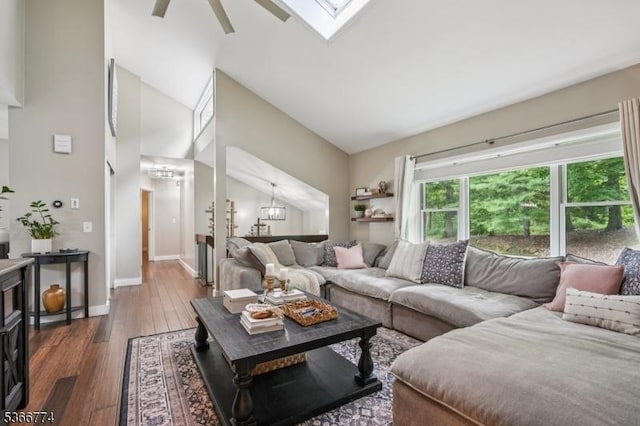 159 Kings Hwy, Washington Twp, NJ 07853 - living room with dark wood-style flooring, ceiling fan, high vaulted ceiling, and a skylight
