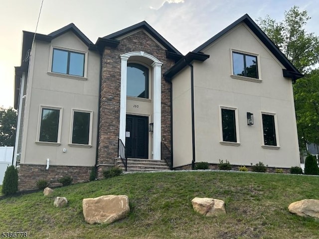 150 Parsippany Blvd, Parsippany-Troy Hills Twp, NJ 07005 - view of front of property featuring stucco siding, stone siding, a front yard, and entry steps