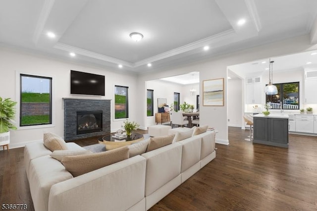 150 Parsippany Blvd, Parsippany-Troy Hills Twp, NJ 07005 - living area with recessed lighting, crown molding, dark wood-style flooring, a fireplace, and a raised ceiling