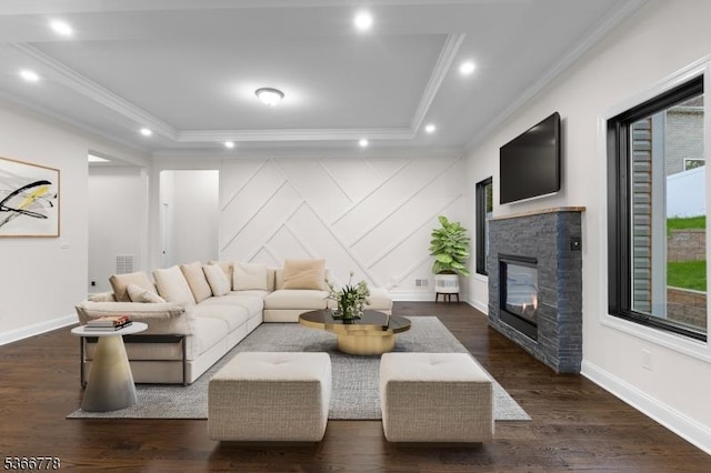 150 Parsippany Blvd, Parsippany-Troy Hills Twp, NJ 07005 - living area featuring crown molding, recessed lighting, a tray ceiling, a fireplace, and dark wood-style flooring