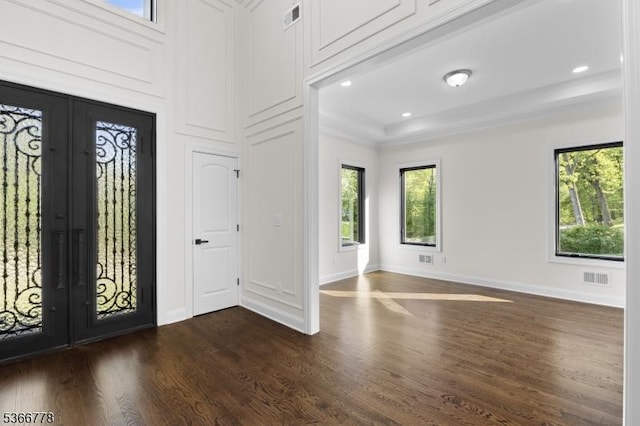 150 Parsippany Blvd, Parsippany-Troy Hills Twp, NJ 07005 - foyer featuring french doors, dark wood-style floors, plenty of natural light, and crown molding