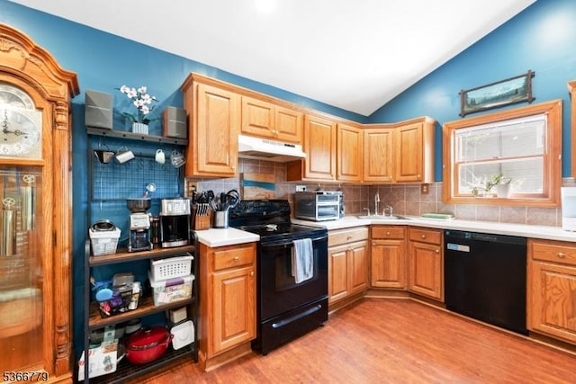 25 Alabama Ave, Jefferson Twp, NJ 07849 - kitchen with black appliances, under cabinet range hood, vaulted ceiling, light wood-style flooring, and backsplash