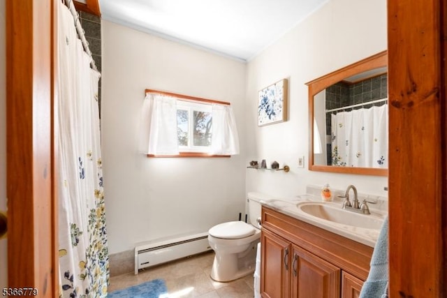 25 Alabama Ave, Jefferson Twp, NJ 07849 - bathroom with a baseboard radiator, vanity, tile patterned flooring, and a shower with curtain