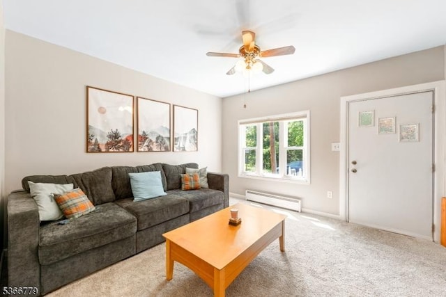 25 Alabama Ave, Jefferson Twp, NJ 07849 - living room featuring a baseboard radiator, a ceiling fan, and light carpet
