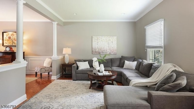 31 Burniston Ct, Hillsborough Twp, NJ 08844 - living room featuring wood finished floors, ornate columns, and ornamental molding