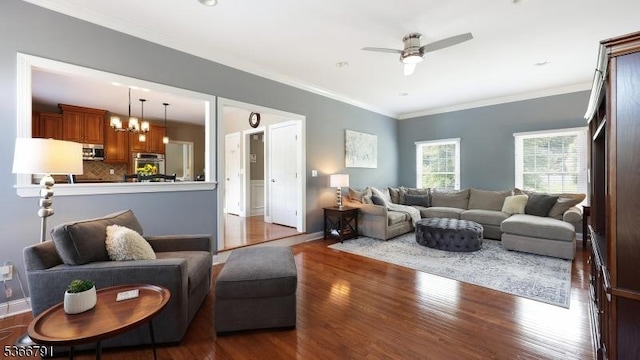 31 Burniston Ct, Hillsborough Twp, NJ 08844 - living room with wood finished floors, a ceiling fan, and ornamental molding