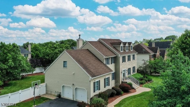 31 Burniston Ct, Hillsborough Twp, NJ 08844 - view of property exterior featuring driveway, a gate, an attached garage, roof with shingles, and a chimney