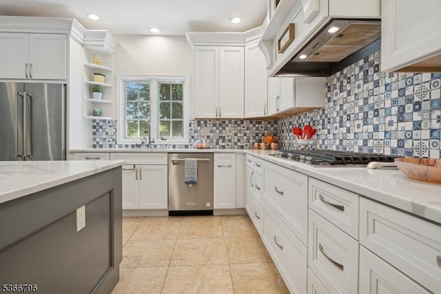 17 N Ridge Rd, Denville Twp, NJ 07834 - kitchen with stainless steel appliances, custom range hood, backsplash, white cabinets, and recessed lighting