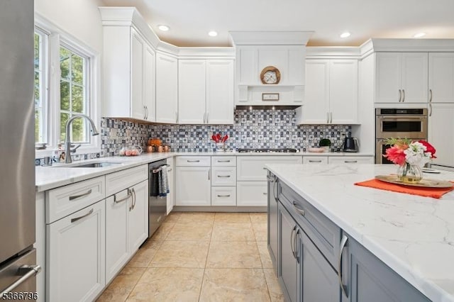 17 N Ridge Rd, Denville Twp, NJ 07834 - kitchen featuring stainless steel appliances, gray cabinets, tasteful backsplash, white cabinets, and recessed lighting
