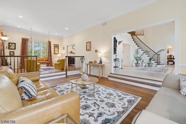 17 N Ridge Rd, Denville Twp, NJ 07834 - living room with wood finished floors, stairs, and recessed lighting